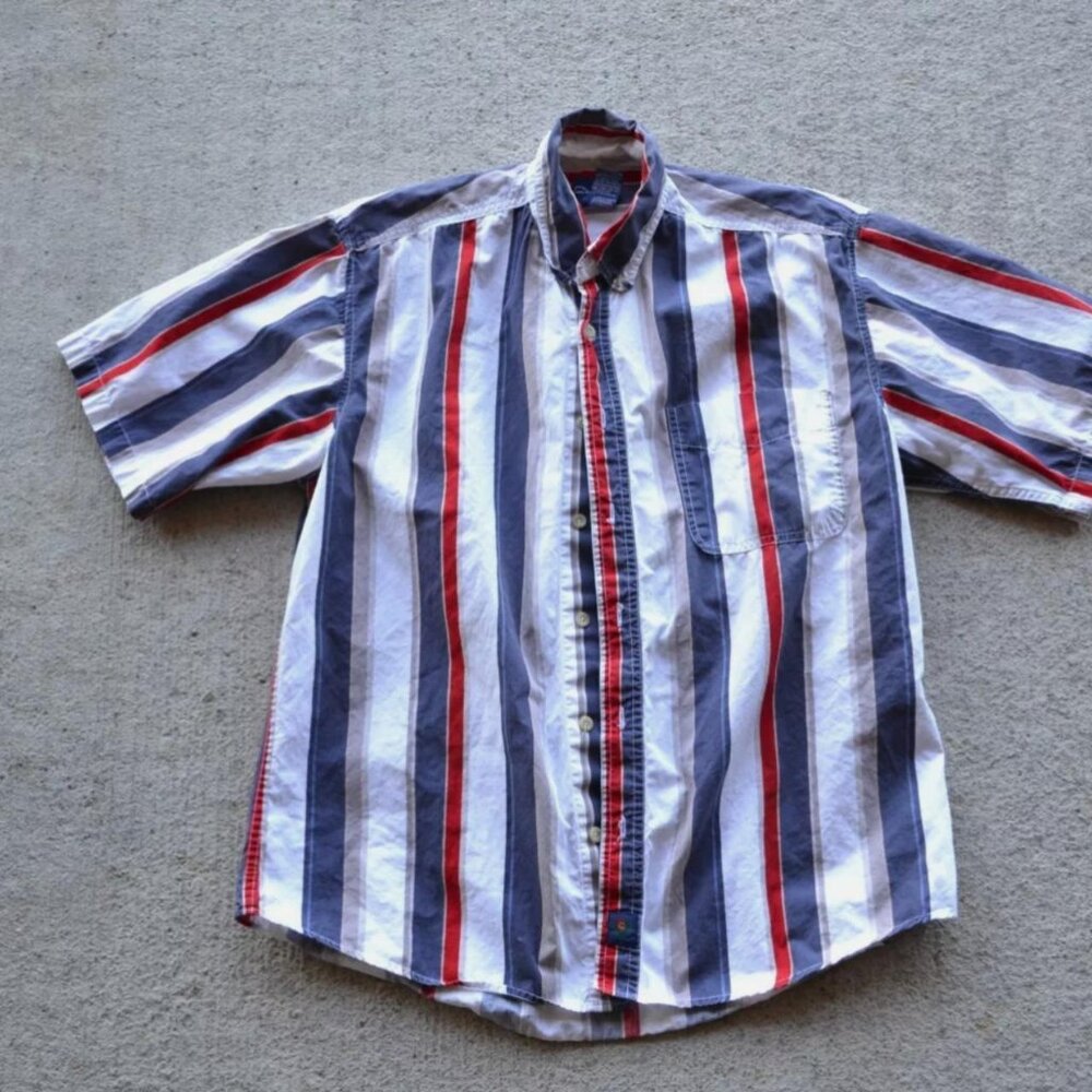 Vintage Catalina Mens Medium Red White Blue Striped Short‎ Sleeve Button Down